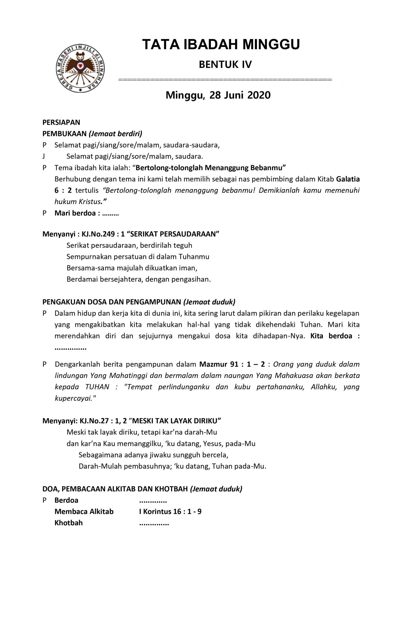 TATA IBADAH MINGGU BENTUK IV - 28 JUNI 2020 - Dodoku GMIM