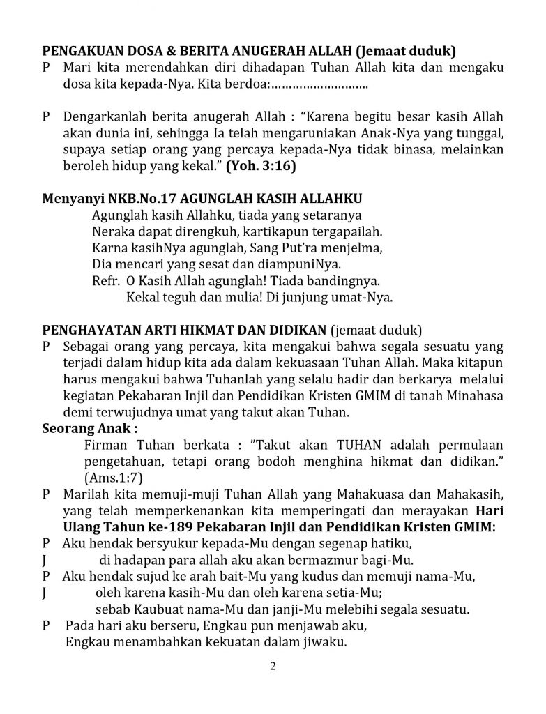 TATA IBADAH KELUARGA MEMPERINGATI HARI ULANG TAHUN KE -189 PEKABARAN ...