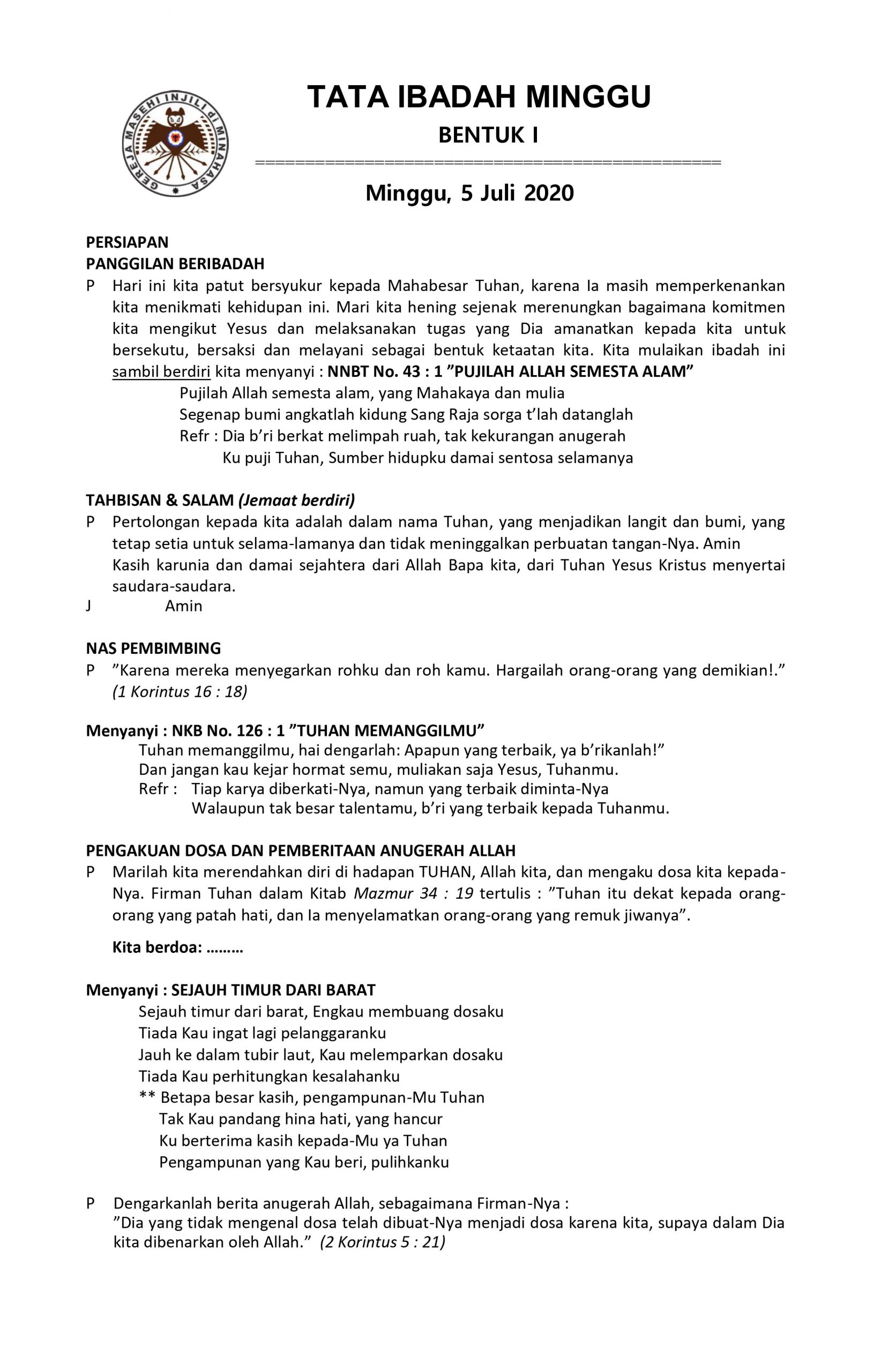 TATA IBADAH BENTUK I - 5 JULI 2020 - Dodoku GMIM