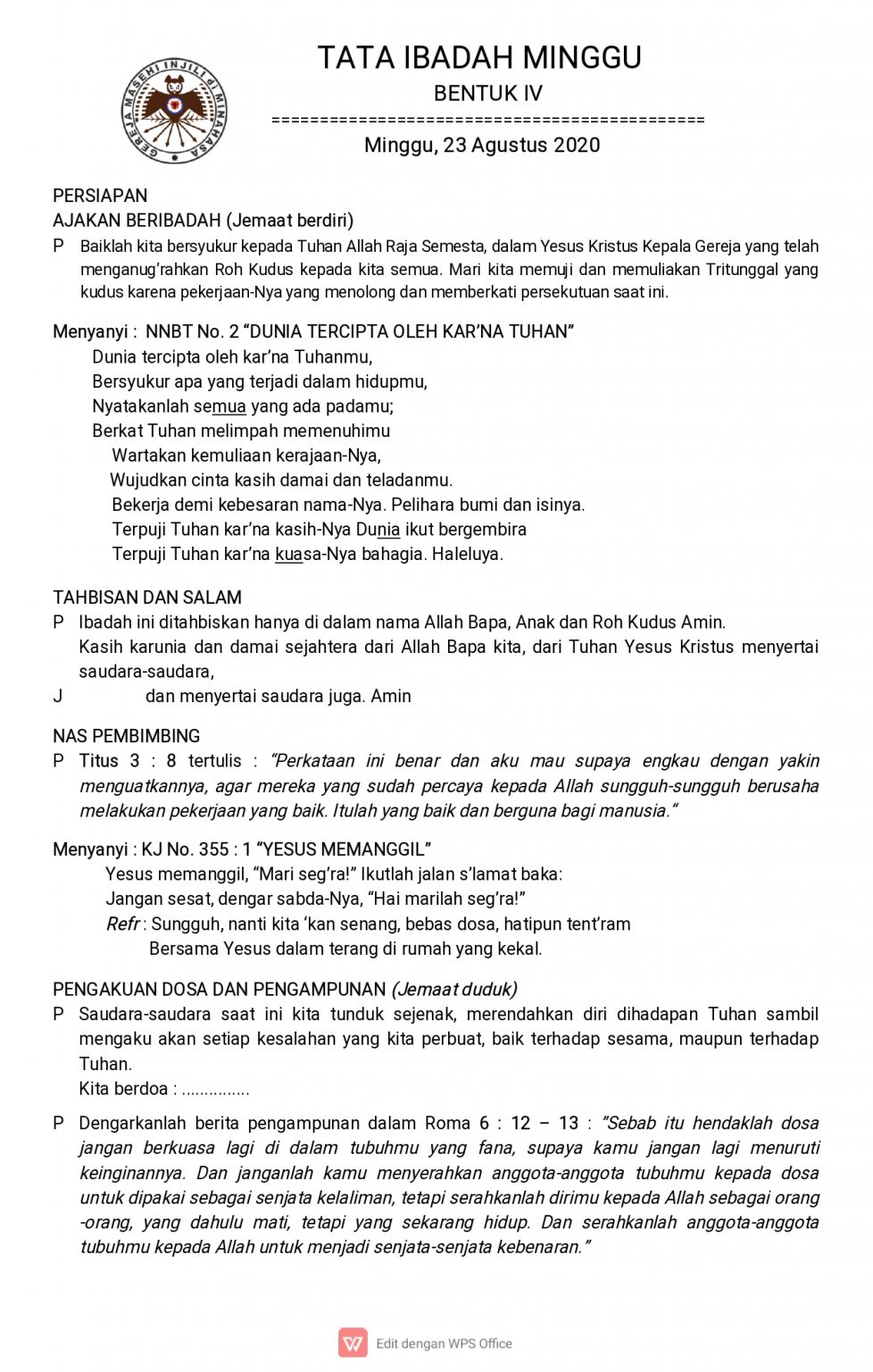 Tata Ibadah Minggu Bentuk IV - Dodoku GMIM